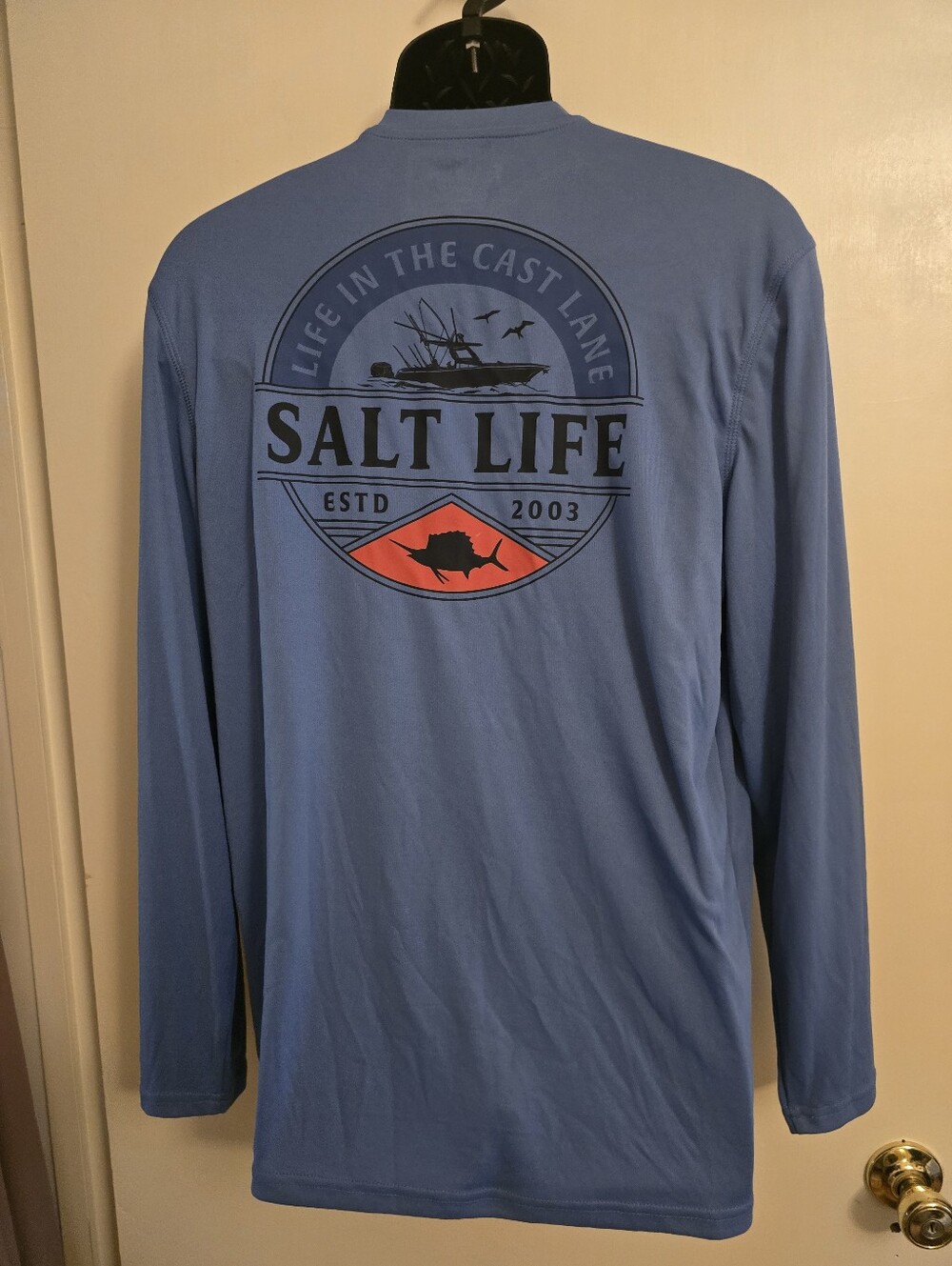 NWOT Salt Life Men's Long Sleeve Performance Tee - Blue with Coral Accent Size M